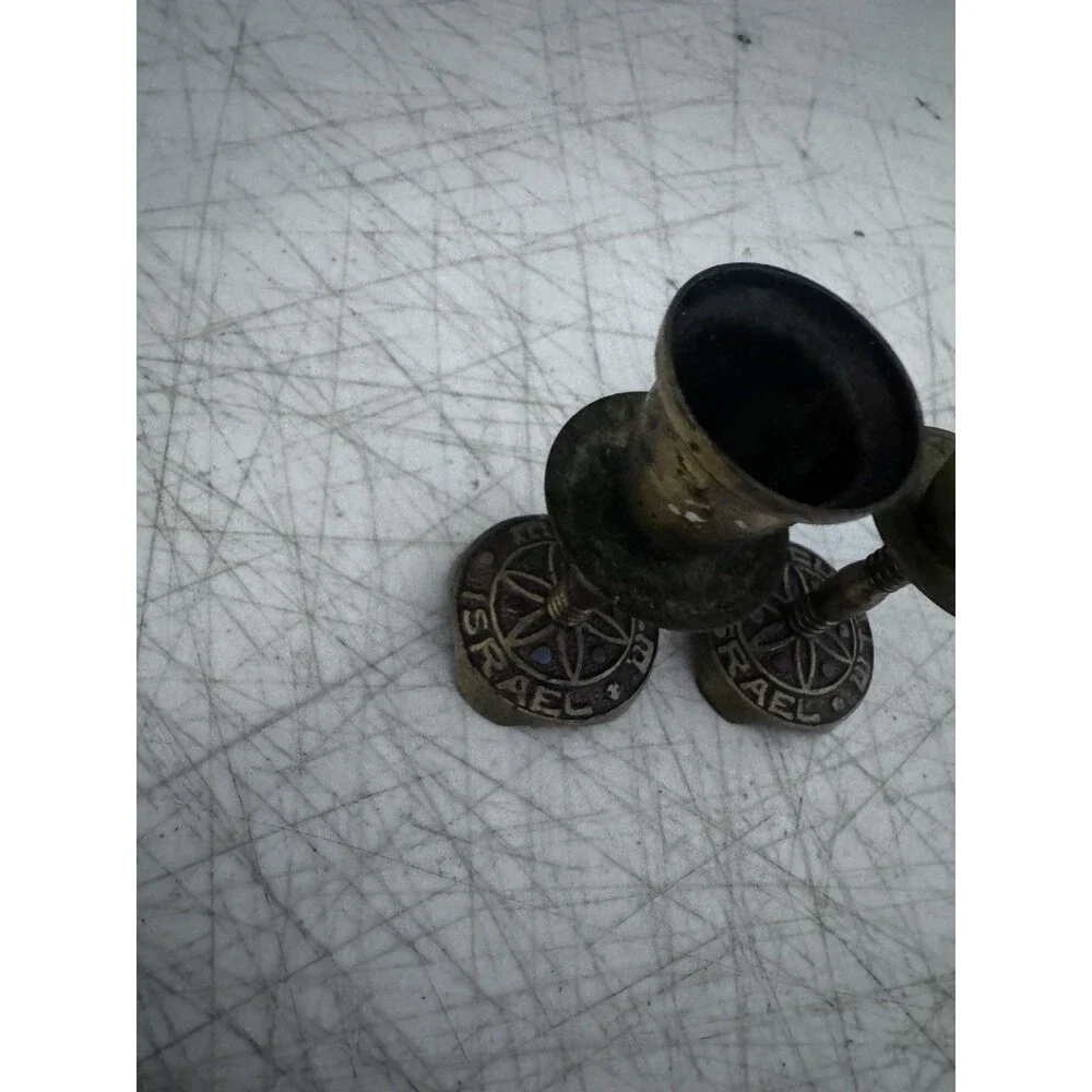 Vintage Israeli Brass Flame Menorah Set Eilat Stone Napkin Holder Candlesticks